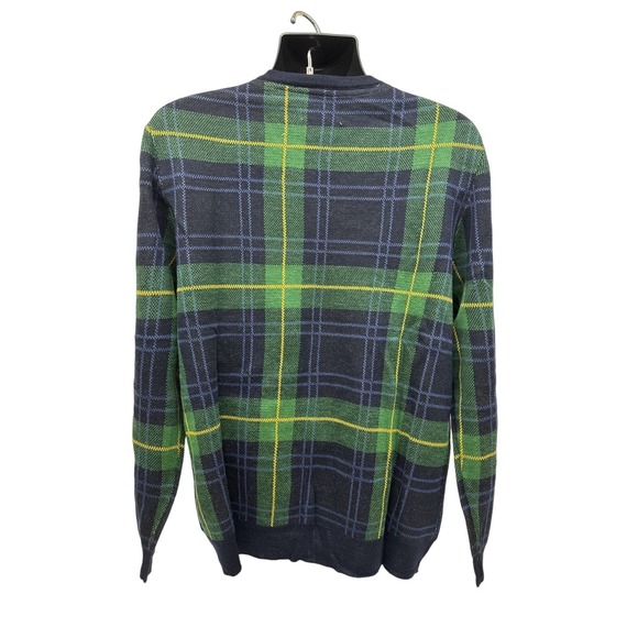 NWT Mens Sz L Club Room Merino Table Wool Blend Sweater. Navy And Green Plaid - Picture 2 of 5